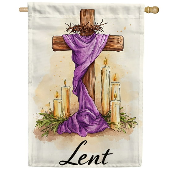 America Forever Lent Cross Candles House Flag, 28 x 40 inch Double Sided, Wooden Cross Crown Thorns Purple Cloth, Lenten Season Religious Candles, Sacred Cross Flag