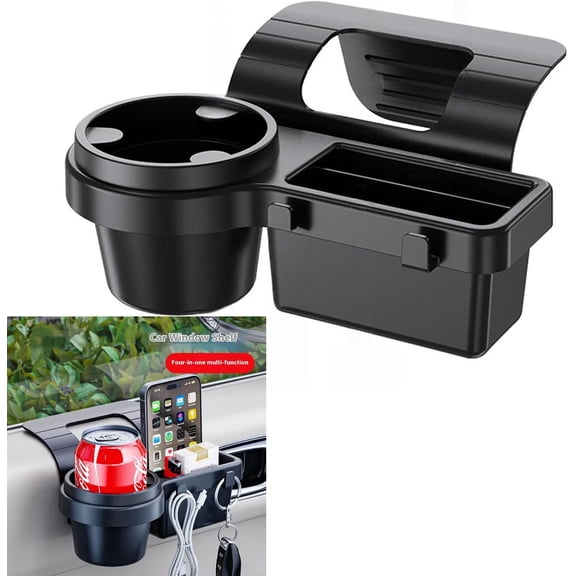 Car Door Cup Holder with Storage Tray – Hanging Window Coffee Drink Holder & Coin Organizer, Universal Fit for Car, Truck Interior Accessories