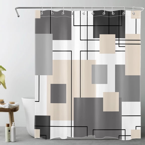 HVEST Abstract Geometric Shower Curtain, Beige Gray White Abstract Pattern Shower Curtain - Modern Geometric Bathroom Decor, Waterproof Polyester Fabric, Includes 10 Hooks, 60x72 Inches
