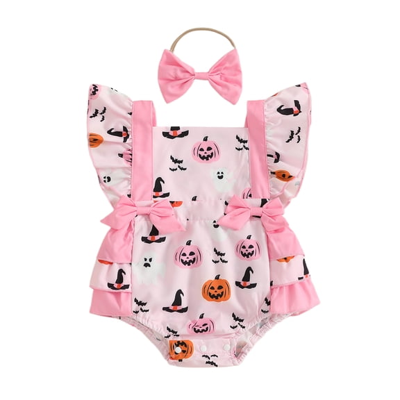 Miaouyo Infant Baby Girls Halloween Romper 0 3 6 12 18 Months Pumpkin Print Fly Sleeves Square Neck Jumpsuits and Cute Headband