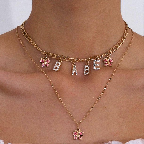 Butterfly Layered Necklaces Gold Rhinestone Pendant Necklace Short Letter Neck Chain Adjustable Choker Neck Jewelry for Women and Girls - -