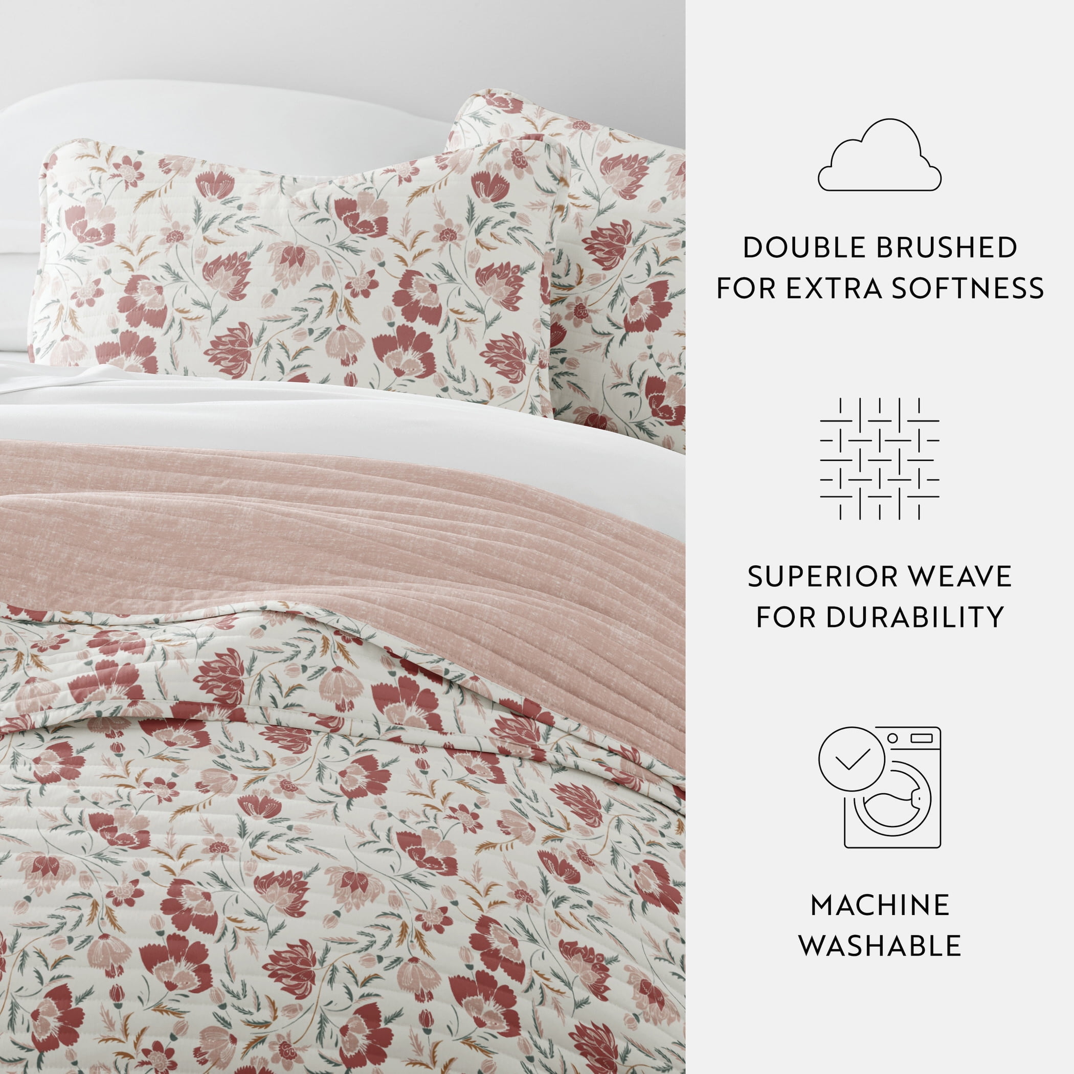 Noble Linens 3-Piece Rose French Jacobean Reversible Quilt Set, Queen