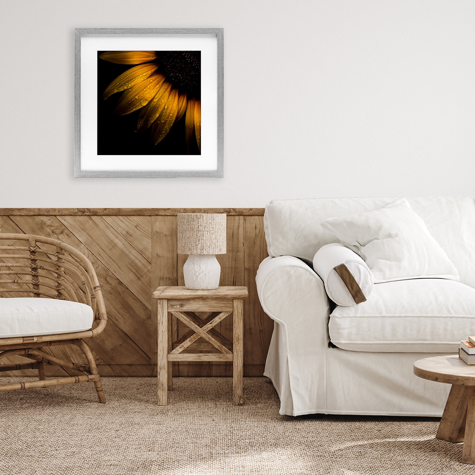 Sunflower Detail with Droplets Gray Framed Print Under Glass, design by Brian Carson Photography