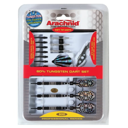 - Arachnid 90% Tungsten Soft Tip Dart Set Includes Tungsten Barrels, Striped Aluminum Shafts, Flights, Points, and Case (18-Gram)
