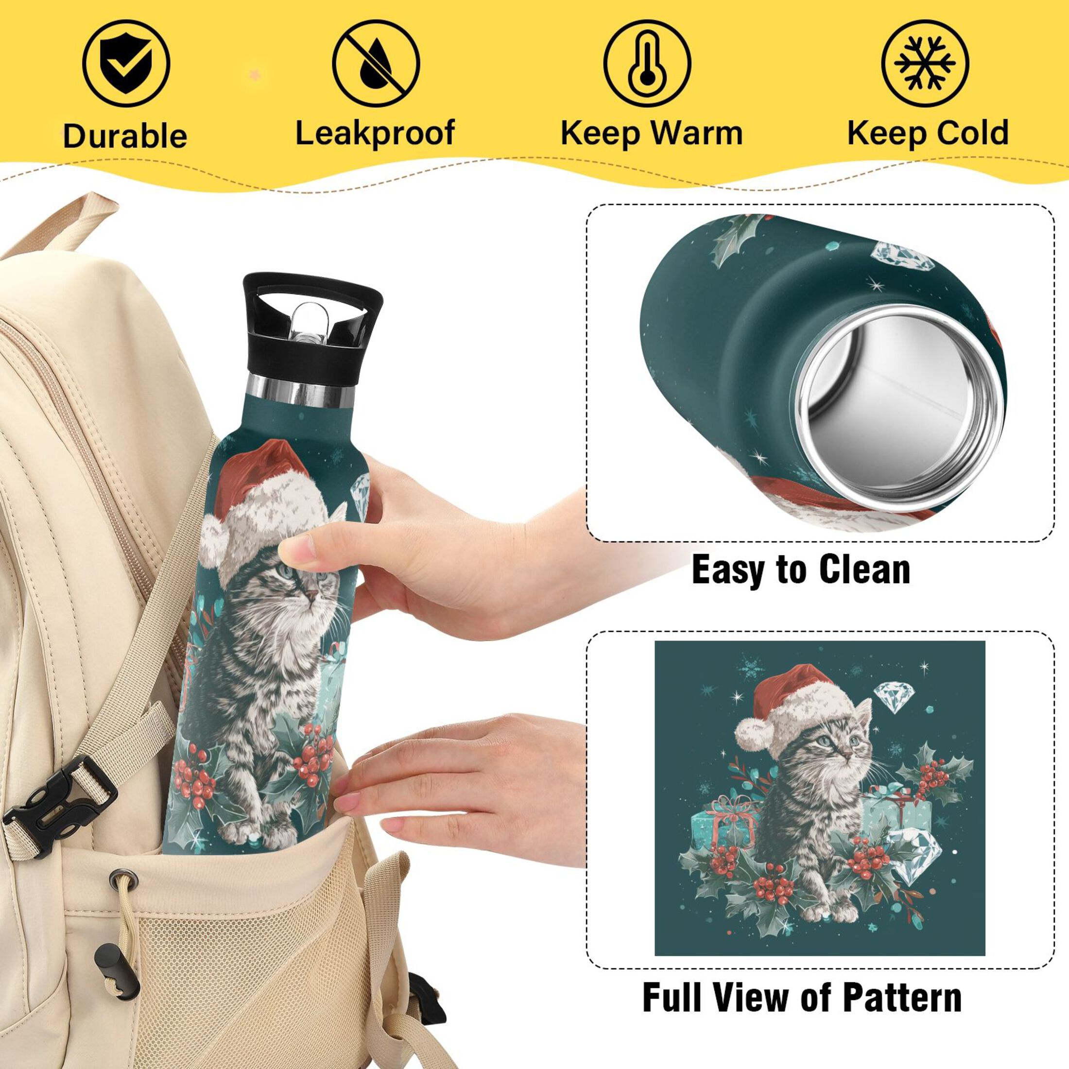 600ML Stainless Steel Insulated Cup Sports Water Bottle Portable Thermos Cup Water Glasses Insulated Tumblers Convenient and Durable Magical Christmas Cat