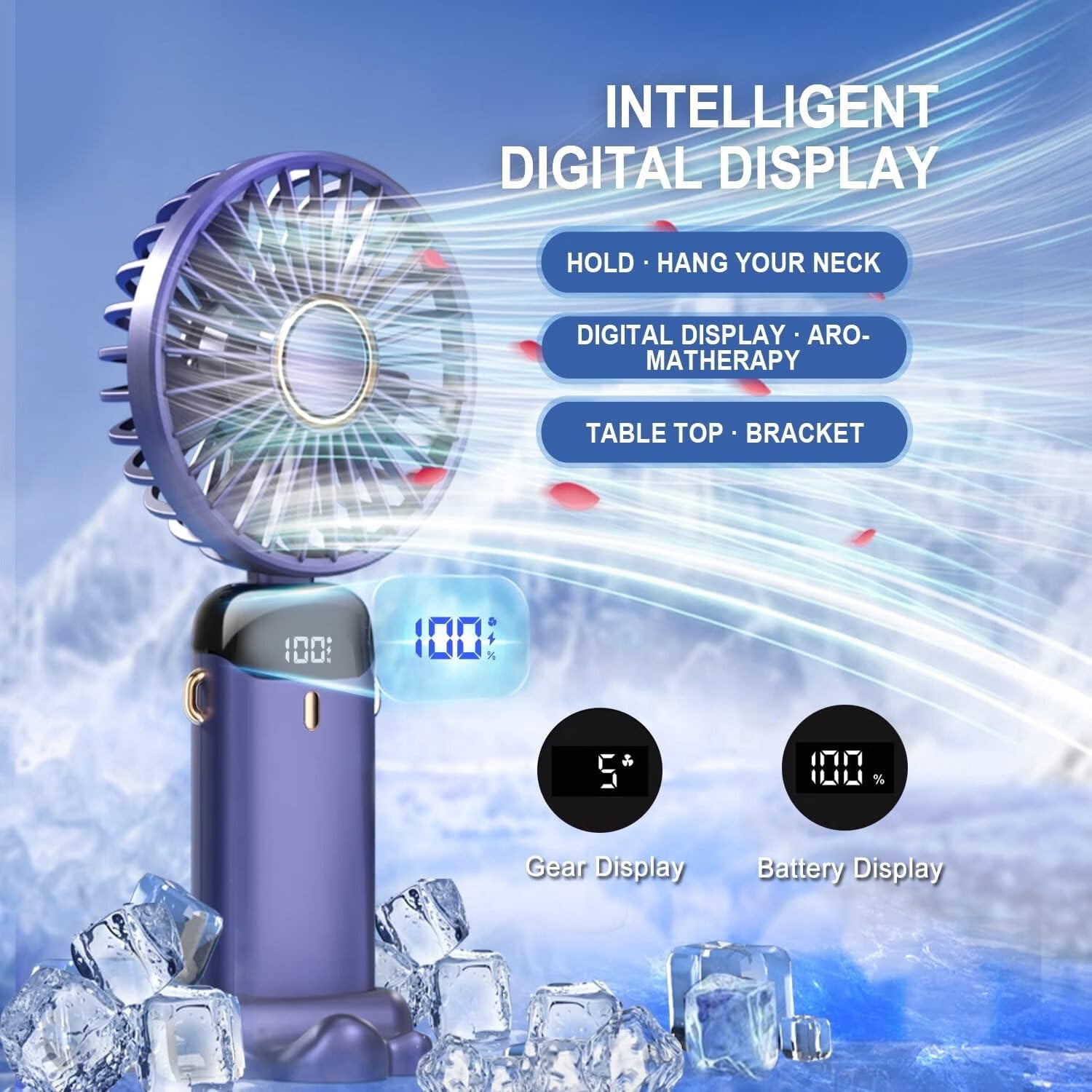 Portable Handheld Fan, Portable Fan Rechargeable, 5000mAh, 180° Adjustable, 6 Speed Wind, Display Electricity in Real Time, USB Rechargeable Foldable Fan, Quiet Personal Fan with Power Bank