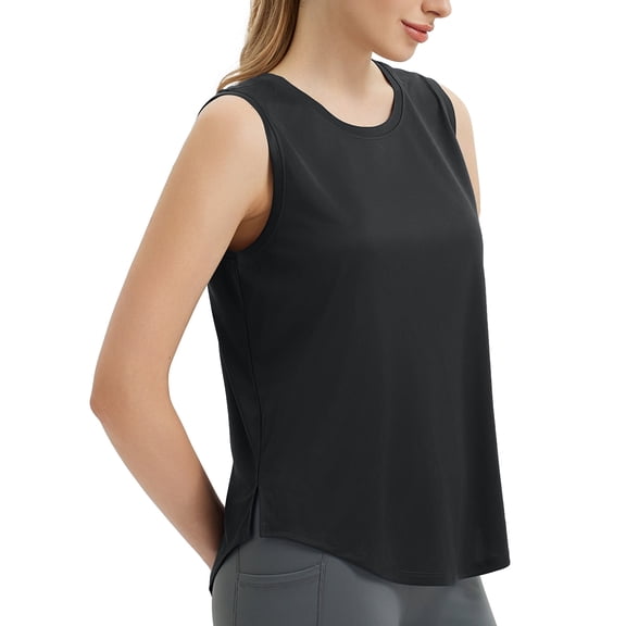 BALEAF Women's Sleeveless Workout Tops Athletic Racerback Tank Top High Neck Yoga Running Shirts Loose Fit Gym Tennis Black L