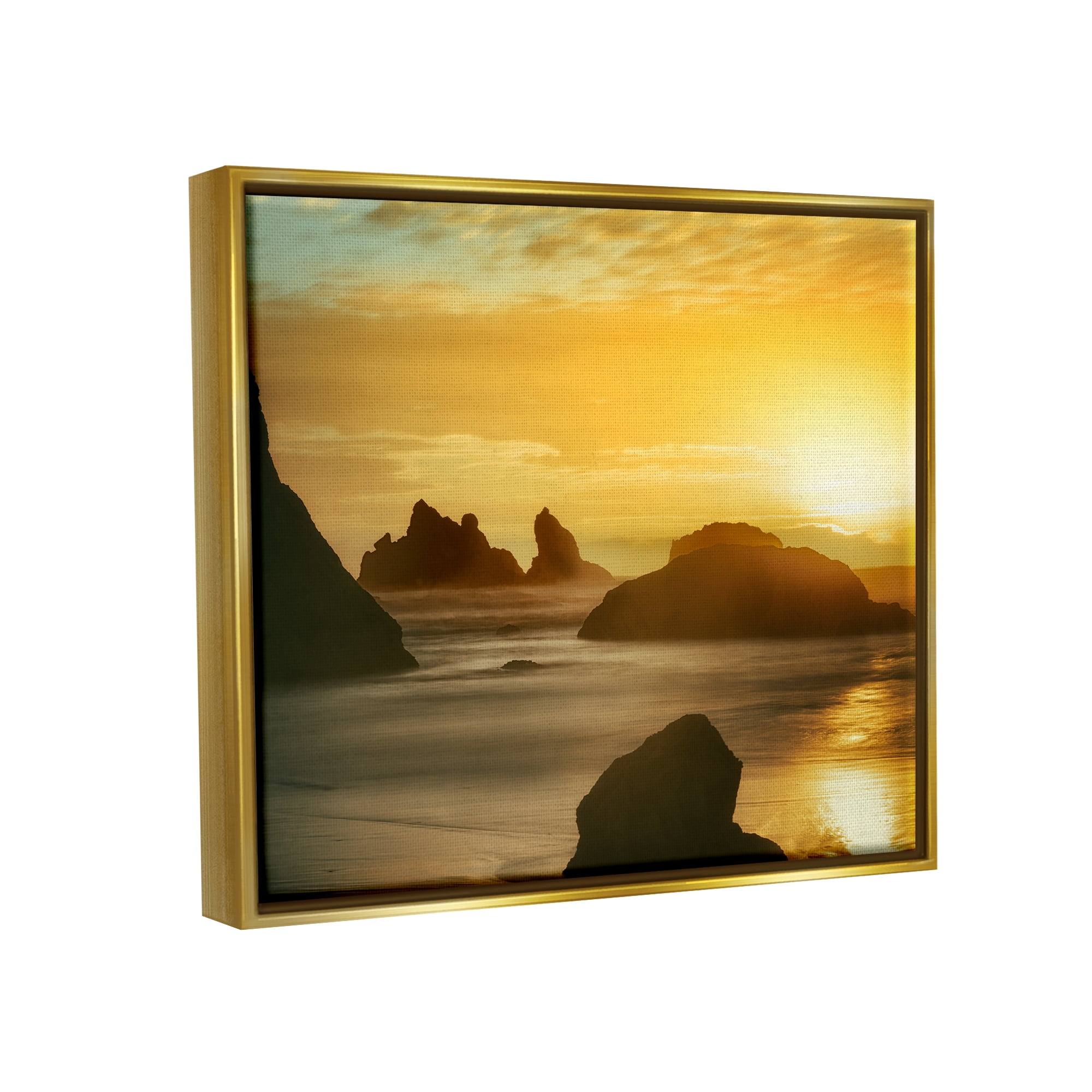 Stupell Industries Sea Stacks at Sunset Nature Photography Gold Floater Framed Art Print Wall Art, 21 x 17