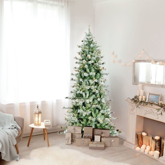 Fraser Hill Farm Prelit LED White Flocked Buffalo Fir 7.5-ft. Christmas Tree, FFBF075-5SN