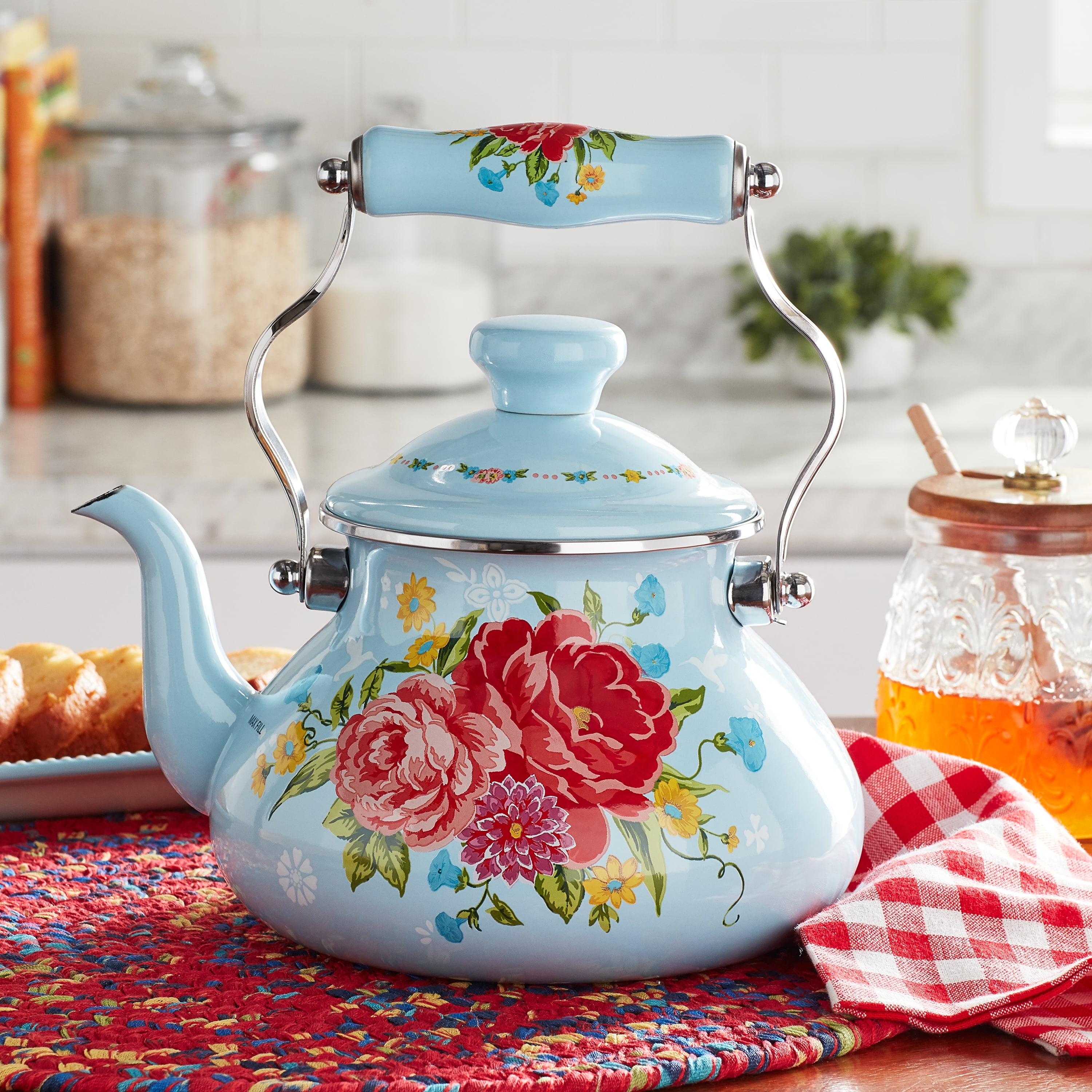 Pioneer Woman Breezy Blossom Enamel on Steel 1.9-Quart Tea Kettle