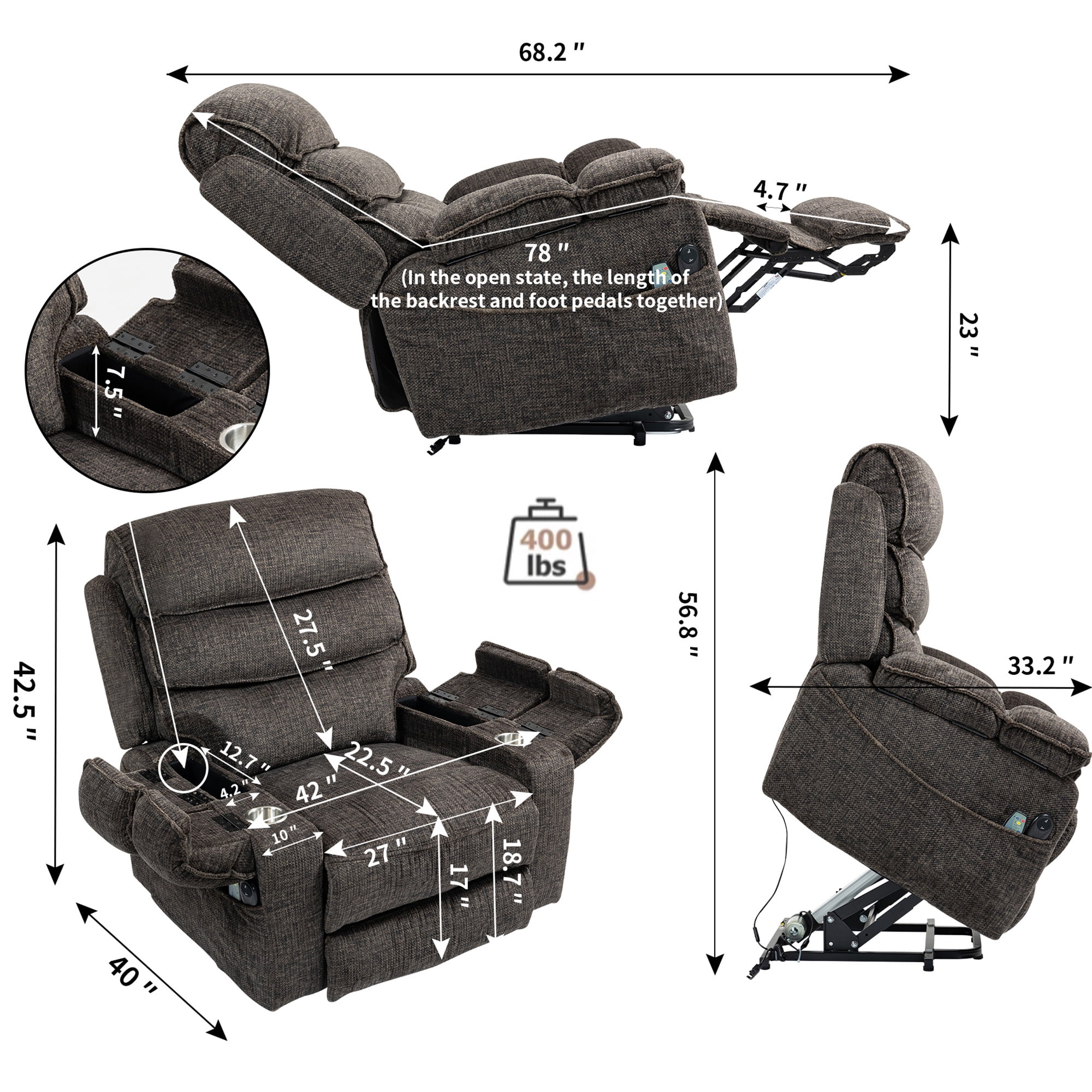 LITVZ Oversized Lift Recliner with Extended Footrest for Seniors, Heavy Duty Recliners with Heat Massage, Extra Wide Seat, Arm Storage & Cup Holders, Lay Flat 160° for Elderly Big Tall Man 400lb
