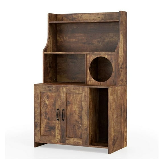 Cat Litter Box Enclosure Wooden Industrial Style - Storage Shelves, Hidden Litter Box Cabinet, Cat House Condo, Furniture for Living Room, Bedroom - Brown