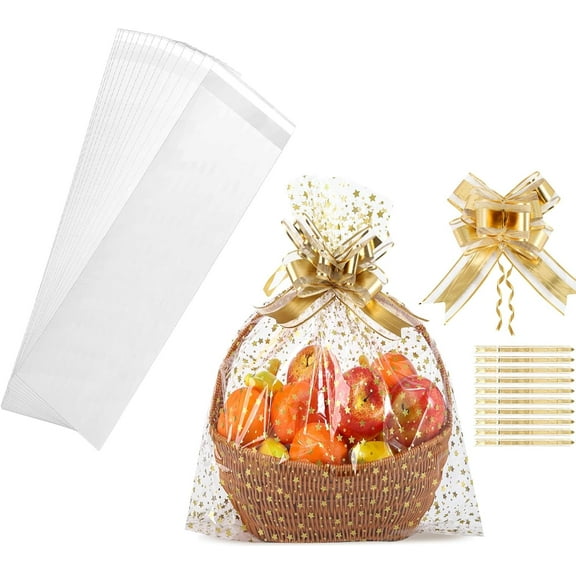 200 pcs 4x10 in Long Resealable Cello Bags and 10Pcs Gold Star Large Cellophane Basket Bags gold, clear