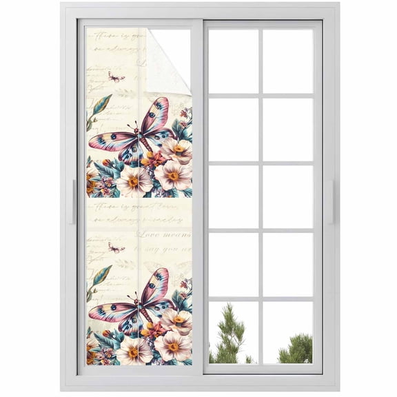American Vintage Flowers Window Privacy Film Country Butterflies Text Texture Decorative Glass Window Film UV Blocking Static Cling Non-Adhesive Sticker Covering for Home Door 17.7 x 78.7 inches