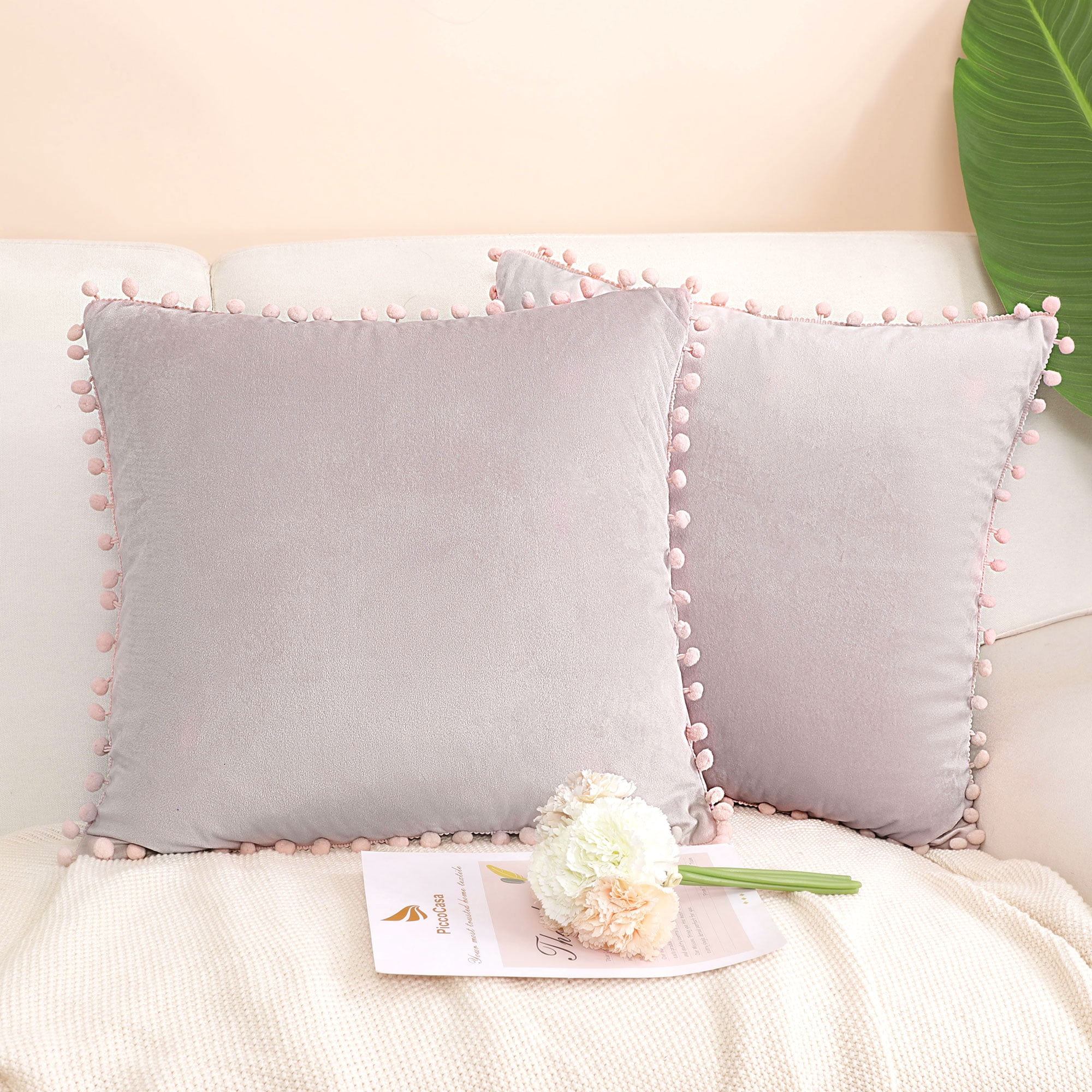 Unique Bargains Velvet Pillow Cover with Pompoms for Sofa 2PCS Pale Pink 16x16Inch