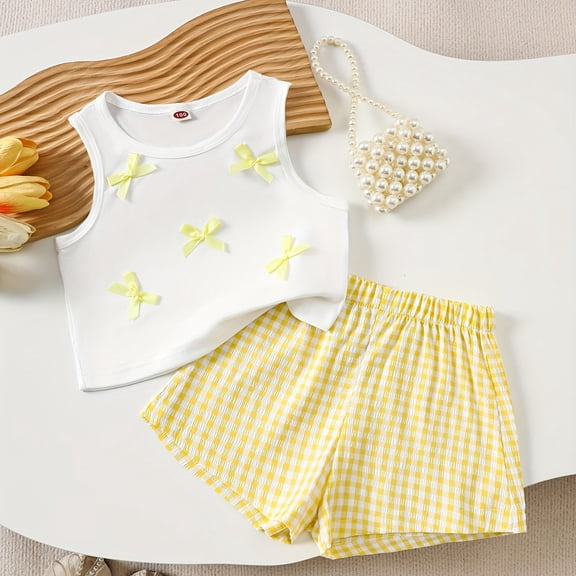 WPPGONE 2 Piece Toddler Girl Tank Top and Shorts Set Cute Bow Accents Cotton Knit Sleeveless Vest Gingham Plaid Short Set Summer Casual Playwear Outfits Clothes