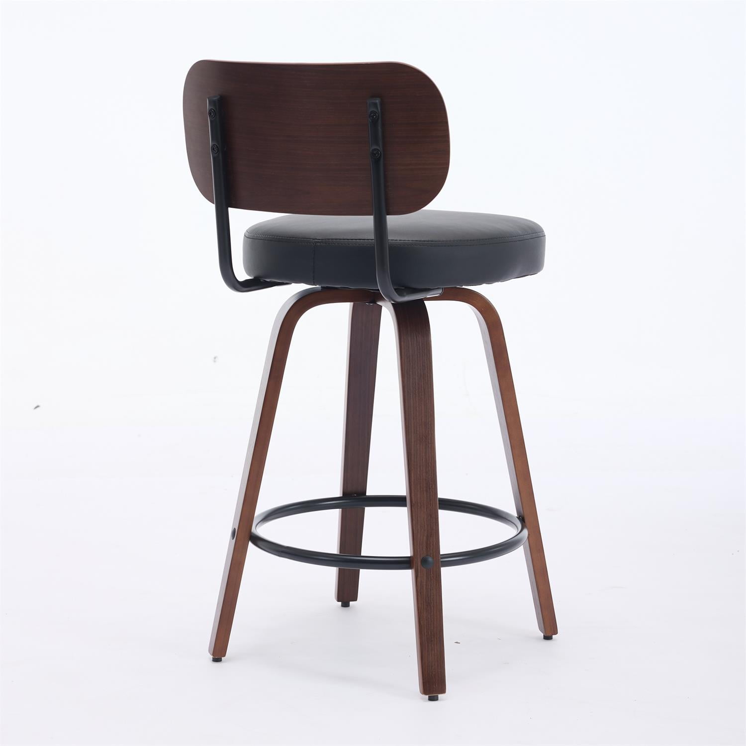 Demi Bonn 35" Swivel Bar Stools Set of 2 with Upholstered Faux Leather， Walnut Back & Bentwood Legs, Counter Height Stools for Kitchen or Bar Seating, Black
