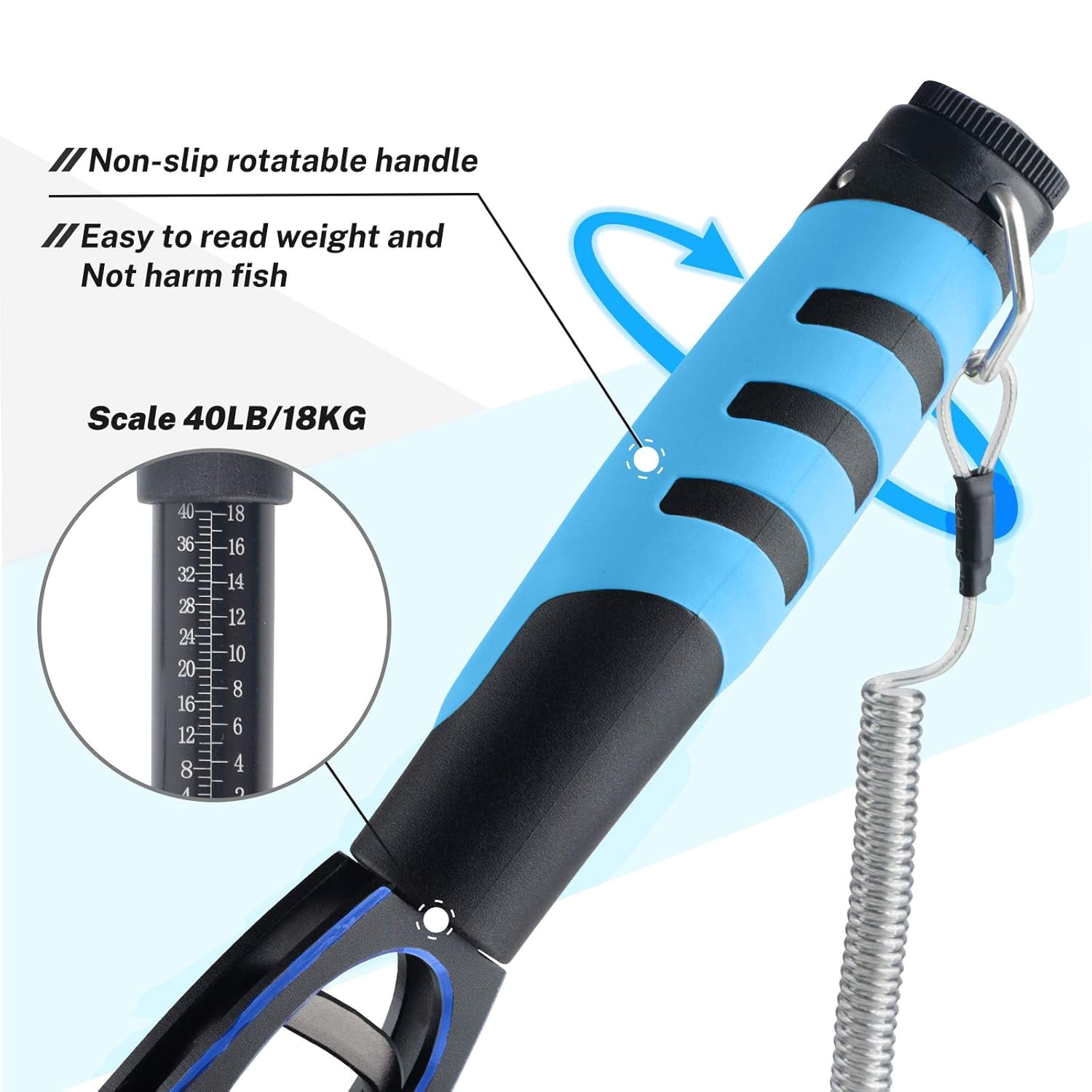 ABCISI Fish Lip Gripper With Scale, 2 in 1 Aluminum Alloy Grabber with High Elastic Hand Rope, Ergonomically Design Professional Fishing Tool Kit for Men, Blue