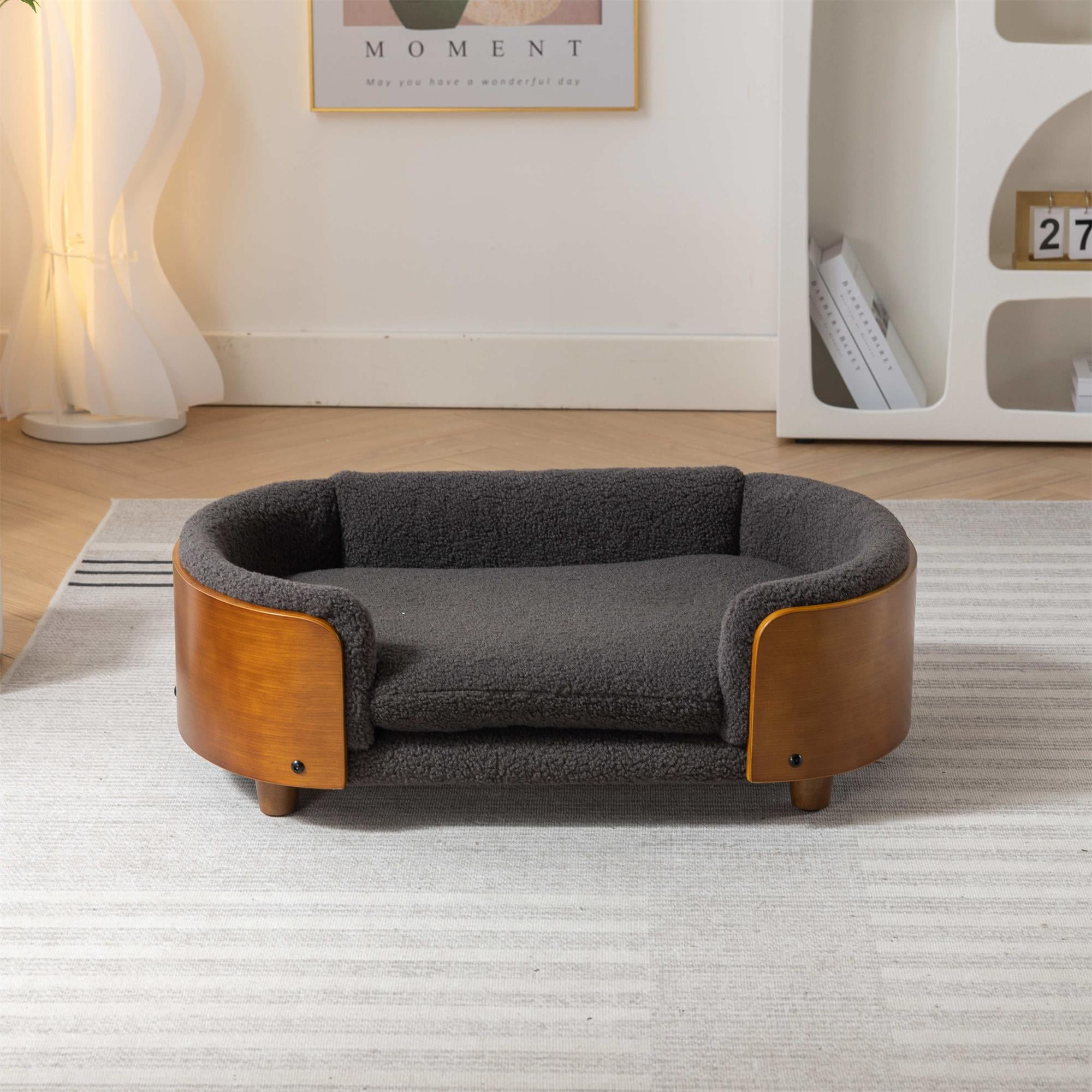 Pefilos 30" Pet Sofa for Indoors Dogs, Cat and Dog Bed with Solid Wood Legs and Walnut Bent Wood Back, Cashmere Cushion, Gray Pefilos 30" Pet Sofa for Indoors Dogs, Cat and Dog Bed with Solid Wood Legs and Walnut Bent Wood Back, Cashmere Cushion, Gray