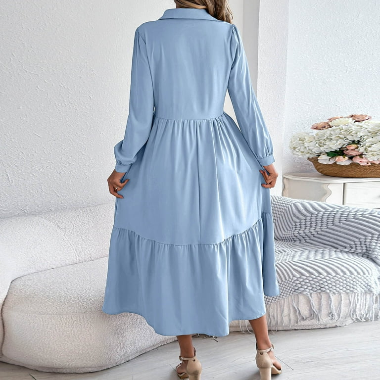 Odbmxy Long Sleeve Midi Dresses for Women Tunic Women Plus Size Dresses  Loose Peplum Holiday Button Solid Color Dresses,Blue L - Walmart.com