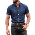 thumbnail image 2 of COSFO Men's Short Sleeve Button Down Shirt Blue Work Denim Shirt Fishing with Pocket Collared Classic Fit Men's Shirts S, 2 of 9