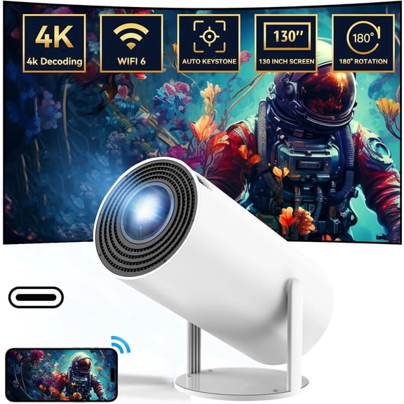 Mini Projector 4K 1080P Support with WiFi 6 & BT 5.4 290 ANSI Brightness, Auto Keystone, 180 Degree Rotation, Portable Projector for Home Theater & Outdoor Movies HY300Pro White