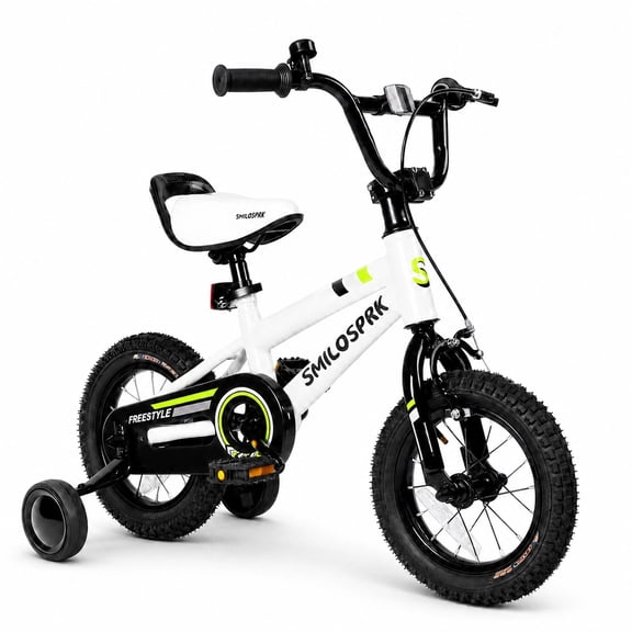 SmiloSprk 12 Inch Kids Bike BMX Style, Training Wheels, Coaster Brake & Full Chain Guard, Adjustable Seat, Gift for Boys & Girls 2-7 Year Old, White