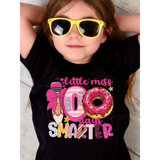 Little Miss 100 Days Smarter Letter Print, Girls' Summer Fun Print Short Sleeve, Back-to-School Season, ages 12 and under