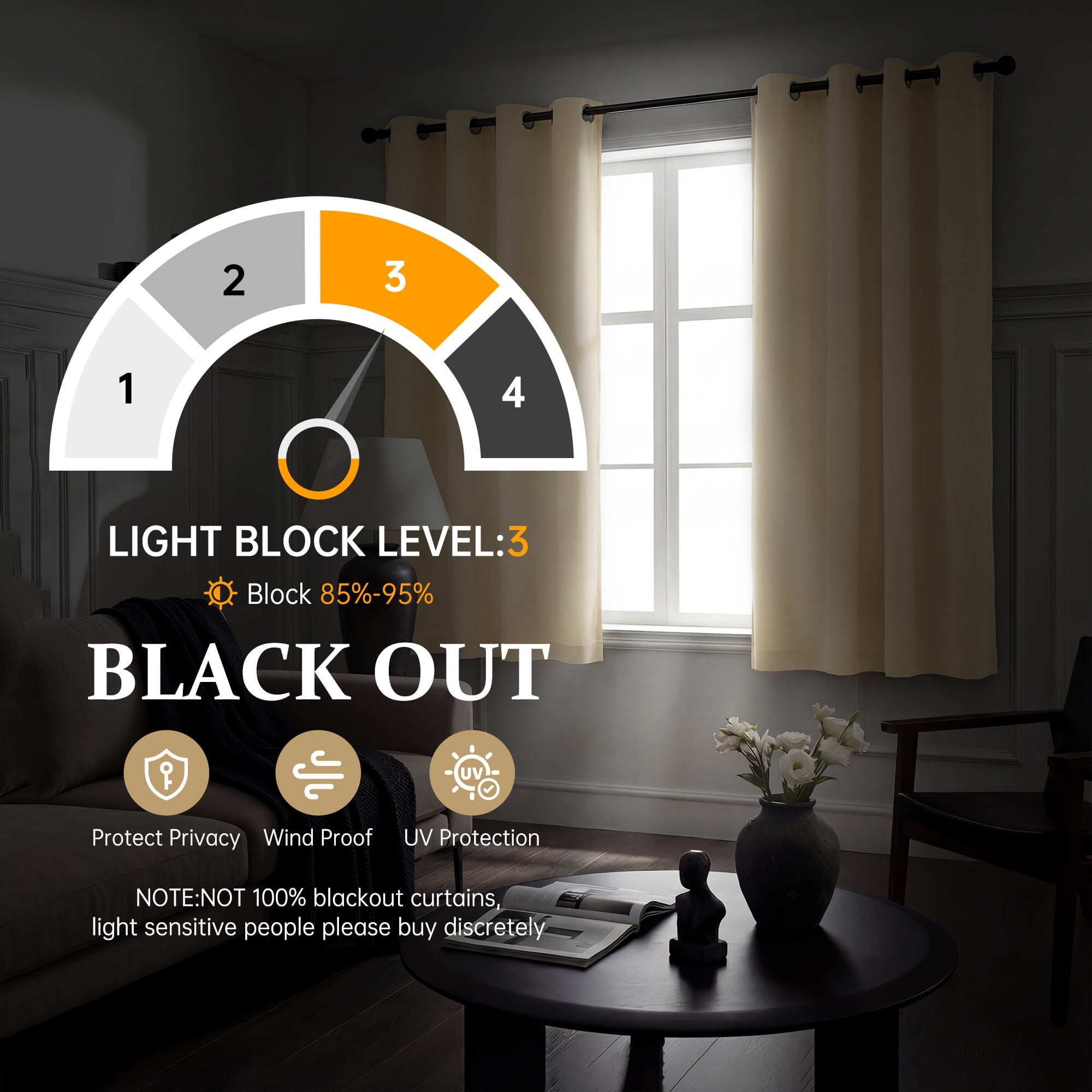 Blackout Curtains for Bedroom, Thermal Insulated Blackout Curtain 2 Panels 42x63 inch, Black Drapes with Grommets, Noise Reducing Energy Saving & Wrinkle-Free Drapes for Living Room, Beige