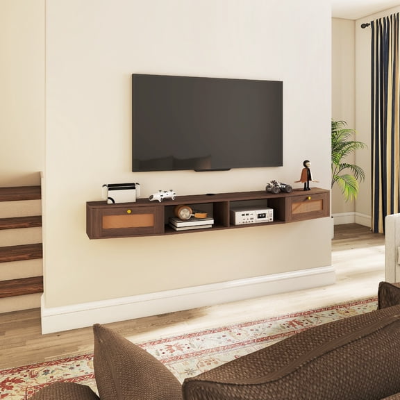 BUPPLEE 70 Inch x 8 Inch Wall Mount Floating TV Console with Rattan Cabinet Doors and Open Storage Shelf, Dark Brown