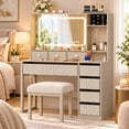 thumbnail image 2 of Ktaxon Makeup Vanity Desk with Lighted Mirror, Vanity Table with Charging Station for Bedroom, Greige, 2 of 8