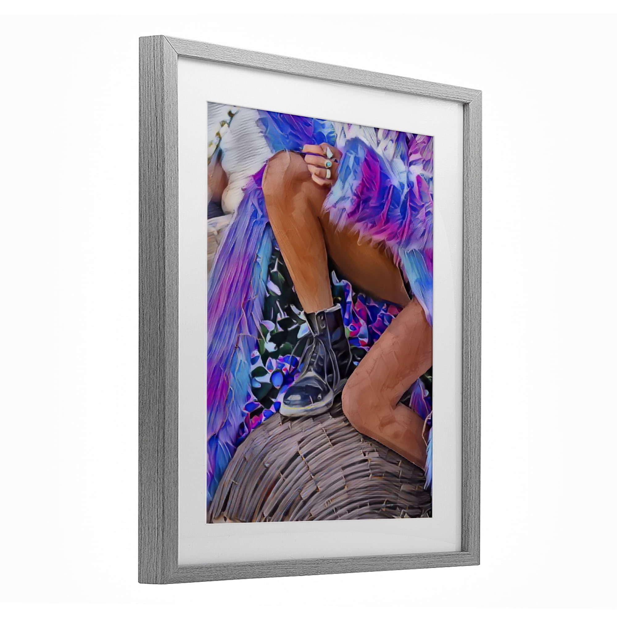 Purple Fur & Boots Gray Framed Print Under Glass, design by Jesse Keith