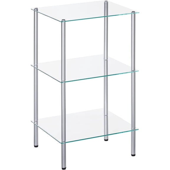 HOOBRO Glass Shelf, 3 Tier Bathroom Standing Shelf Unit, Tempered Glass Shelving Stand for Small Space, Perfume Stand Organizer, Space-Saving, for Bathroom, Bedroom, Steel Frame, Silver SV03CJ01