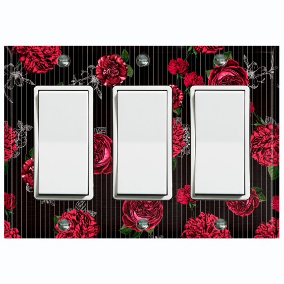 Metal Light Switch Plate Outlet Cover Dark Red Roses Black Pinstripe Wallpaper ROS042