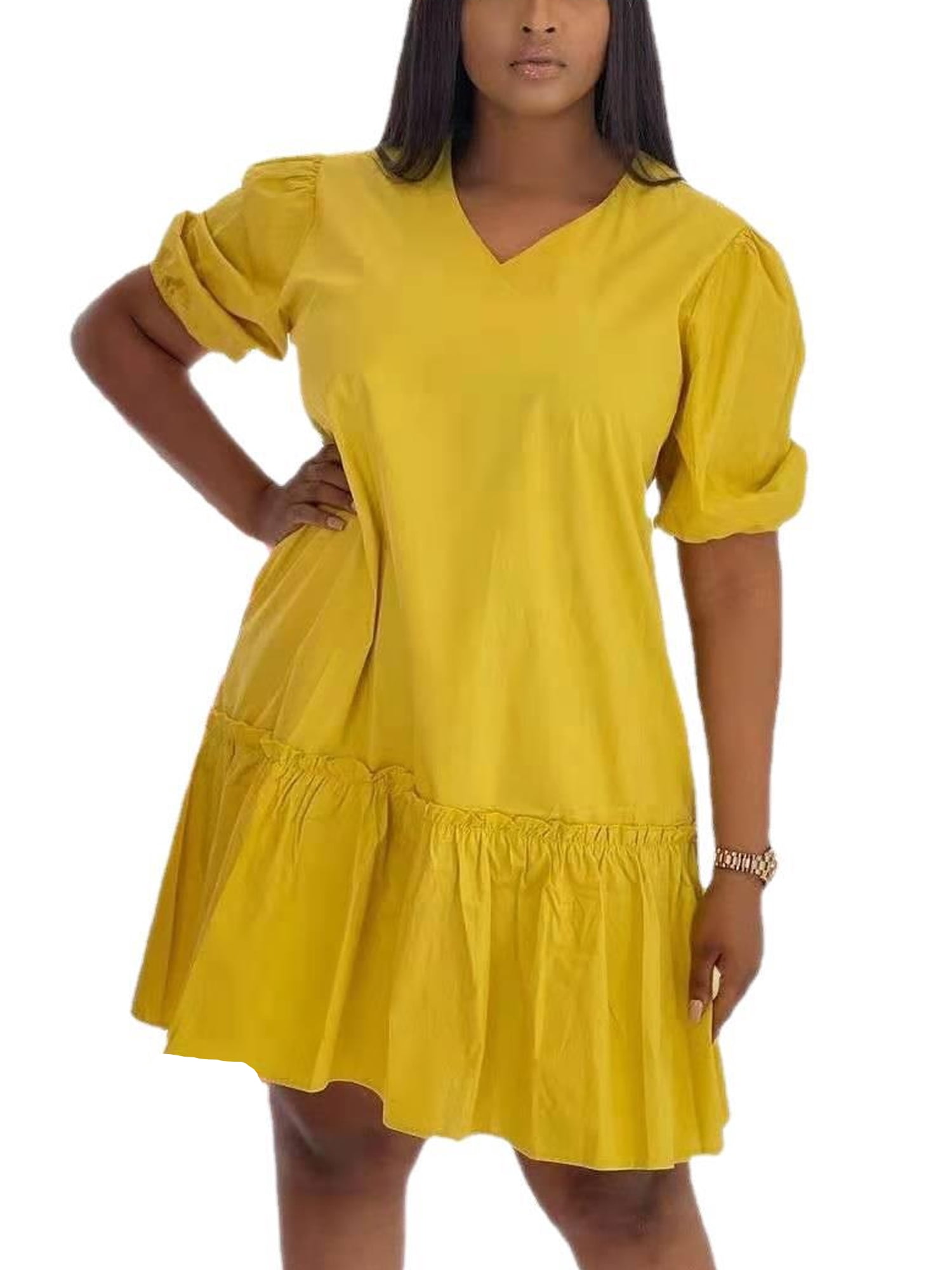 Niuer Ladies Sundress Solid Color Short Mini Dresses Pleated Loose V Neck  Yellow M - Walmart.com