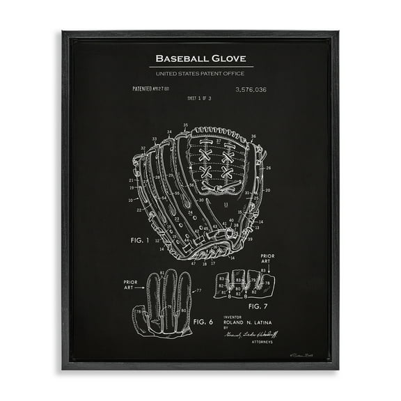 Stupell Industries Baseball Glove Blueprint Sports Painting Black Floater Framed Art Print Wall Art, 17 x 21