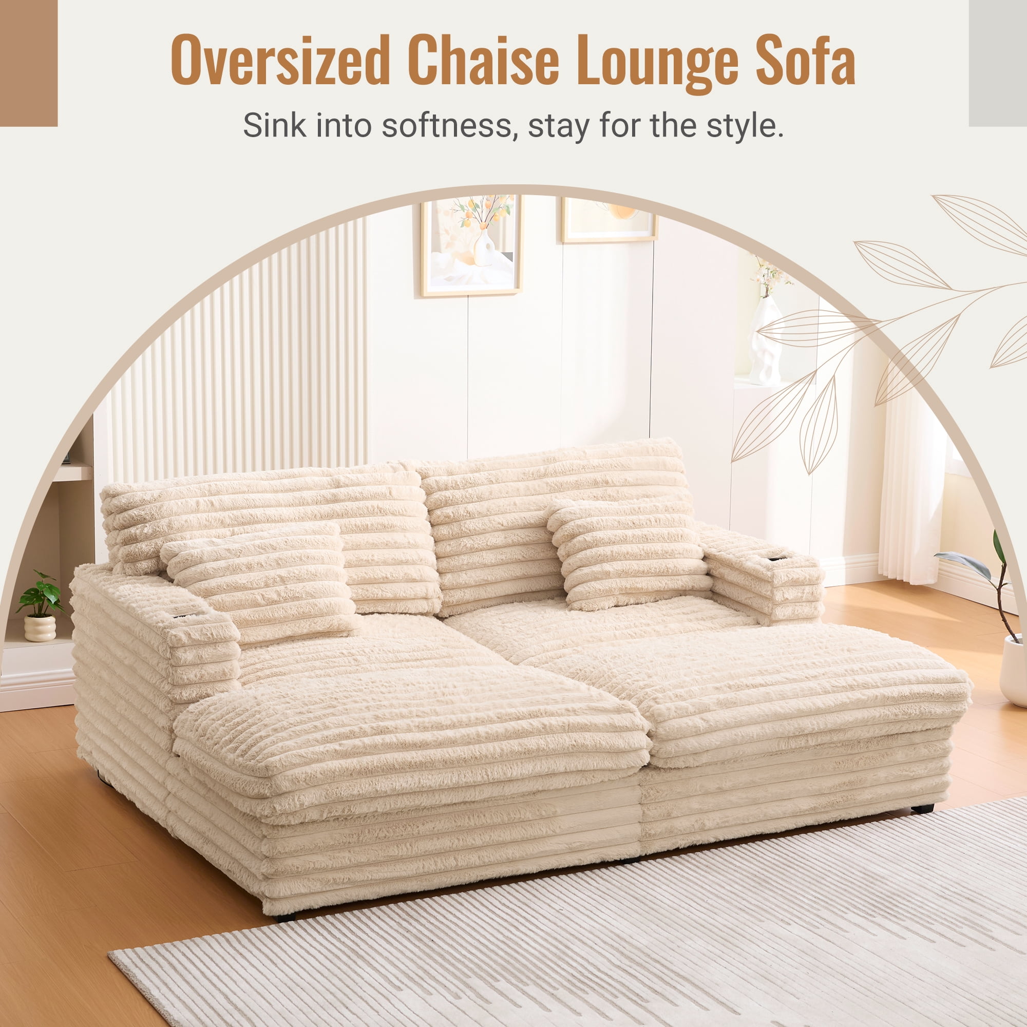 Euroco Oversized Double Chaise Lounge Sofa 83.5" Sofa Bed Cloud Couch Plush Upholstered Sleeper Sofa Daybed with Two Supportive Pillows, USB Ports and Cup Holders for Living Room, Champagne