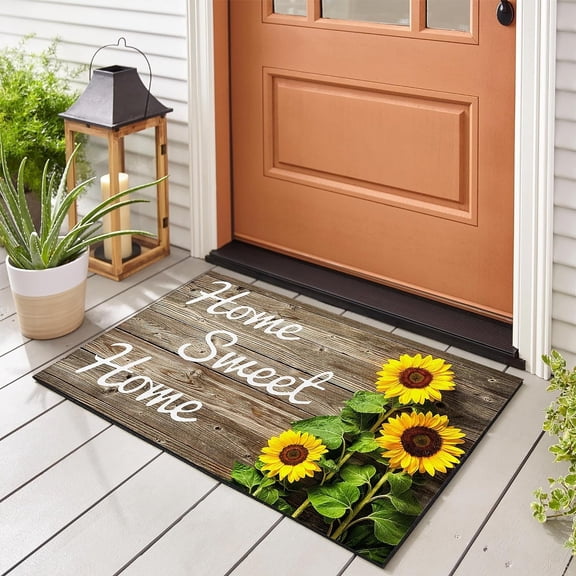 Sunflower Welcome Doormat Summer Door Mat, 17 X 29 Inch Wood Background Flower Spring Summer Decorative Home Sweet Home Entrance Mat Non-Slip Backing Floor Mat for Kitchen Bathroom
