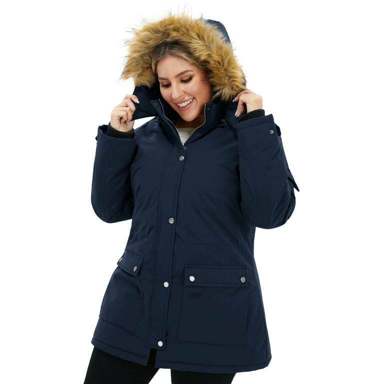 Soularge Women's Winter Plus Size Waterproof Thicken Puffer Coat with Faux  fur Hood(Navy,2X)