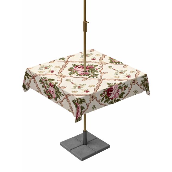 Outdoor Table Cloth with Umbrella Hole and Zipper, Vintage Pink Red Floral Waterproof Square Tablecloth 54"x54", Farmhouse Flower Green Leaf Washable Table Cover for Outside Party Patio Picnic