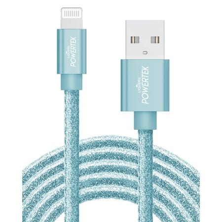 Liquipel Powertek iPad & iPhone Charger Cable, Fast Charging 6ft MFI Certified Lightning to USB Cord, Pastel Glitter Blue