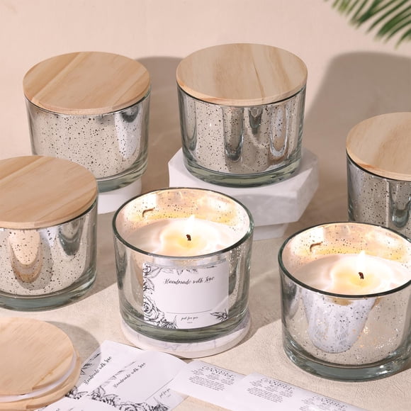Jar Simeitol, tarro para velas, plateado moteado, 16 onzas, 6 unidades con tapas de bambú