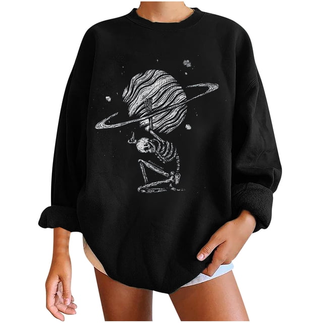 Sudadera extragrande de lana de manga larga con cuello redondo y estampado de calavera para mujer Pompotops gfhjh16703
