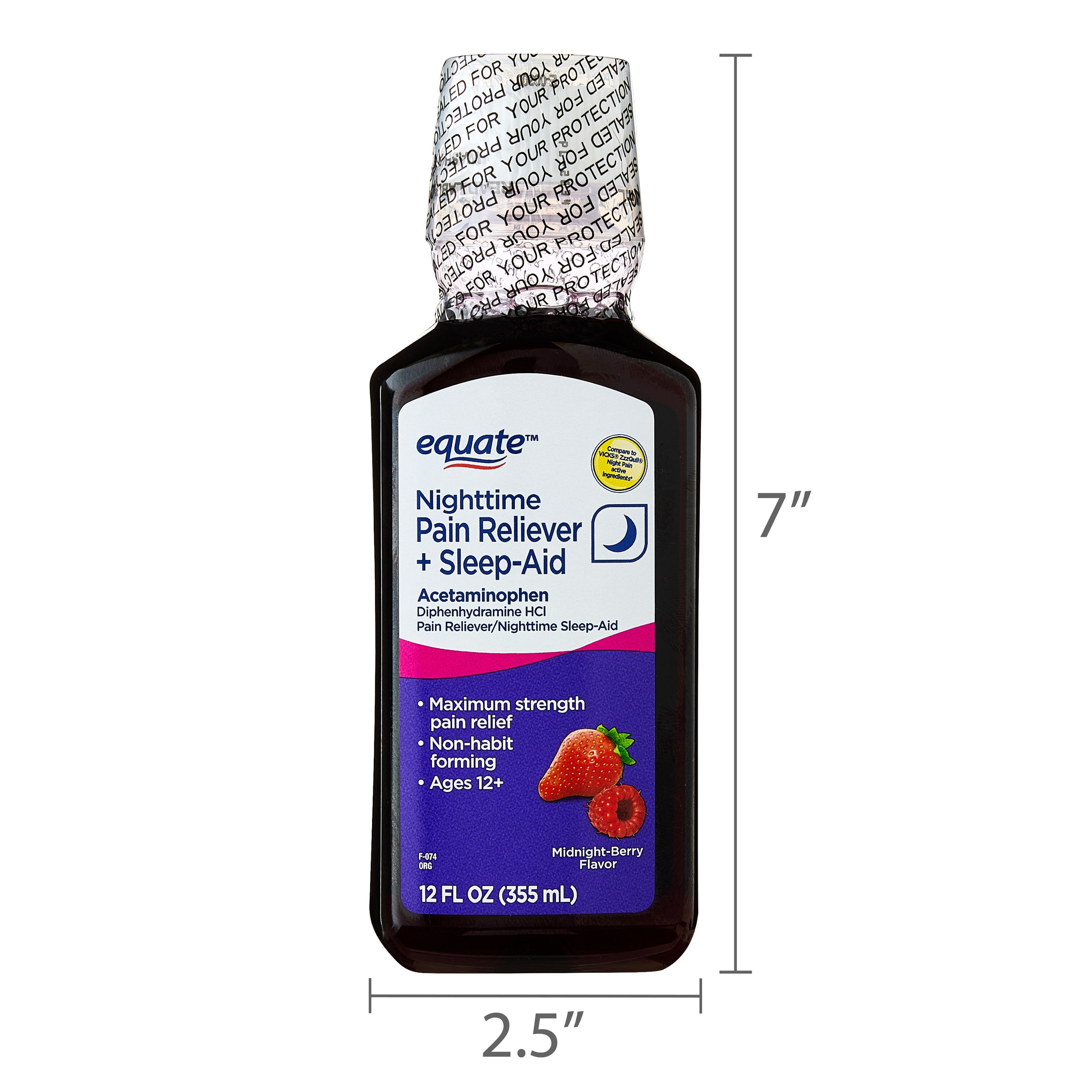 Equate Alcohol-Free Nighttime Pain Reliever+Sleep-Aid Liquid, Acetaminophen 1000mg Diphenhydramine 50 mg, Midnight Berry Flavor, 12 fl oz
