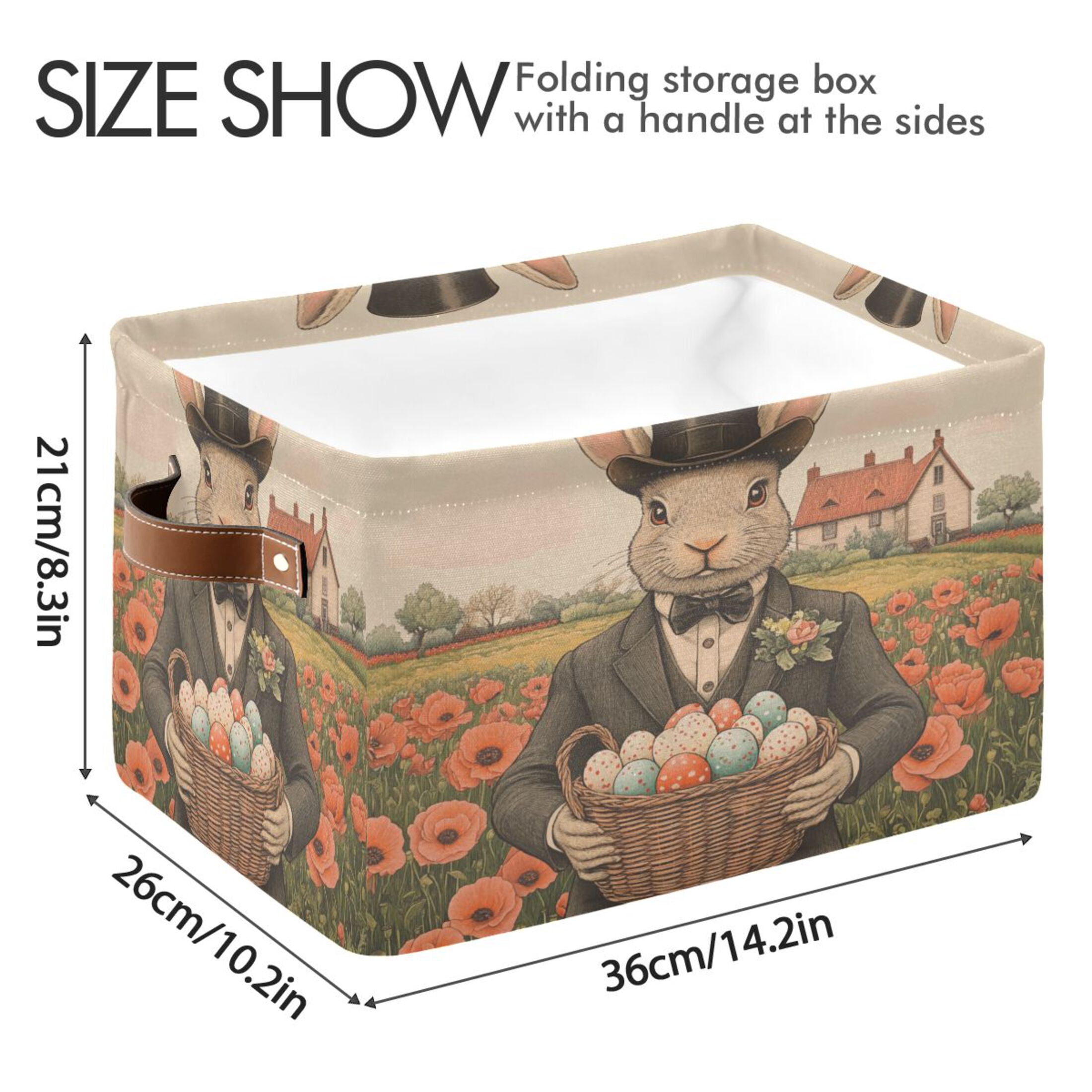 WOBOGO Mister Easter Bunny Square Storage Basket with Waterproof Canvas and PE Lining Durable PU Leather Handles 14.2×10.2×8.3in