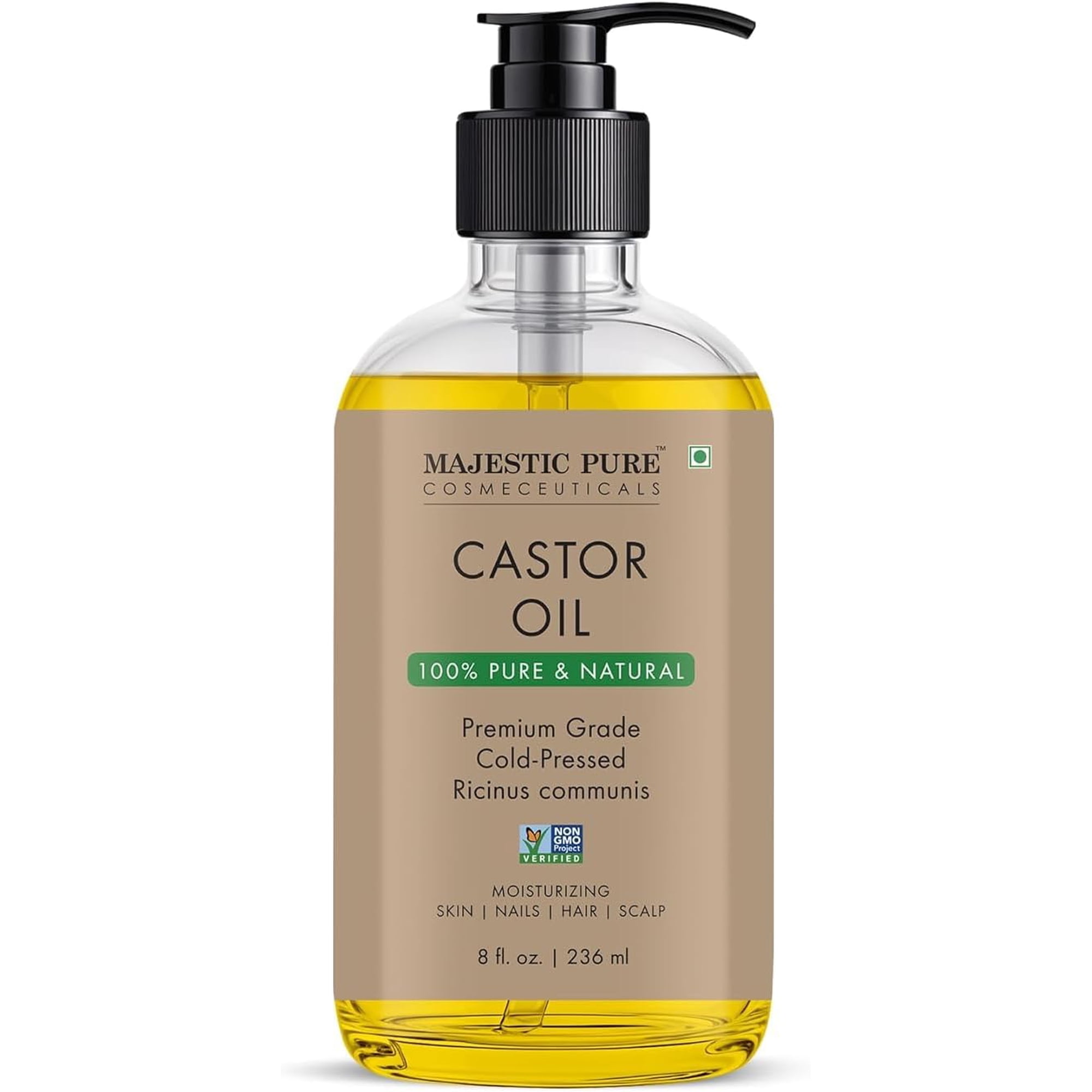 Majestic Pure Castor Oil | 100% Natural | Premium Grade Cold Pressed | Hair, Eyelashes, Eyebrows, Nails | Moisturizing & Nourishing | Body, Hair & Carrier Oil | 8 Fl Oz