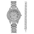 thumbnail image 2 of enjoywould 2Pcs/Set Femmes Bracelet Strass Acier Bande Cadran Rond Quartz Mouvement Chiffres Romains Décorer Bijoux Tempérament Élégantes Dames Regarder Femmes Accessoire, 2 of 5