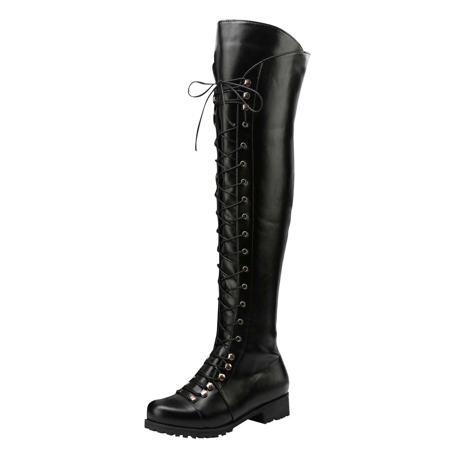 BLTIBY Women's Over the Knee Boot Low Heel Lace Up Tall Boots PU Leather Riding Booties Fall Winter Fashion Black 41