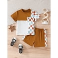 thumbnail image 3 of Aojekbee Little Boy Summer Outfit, Checkerboard Print Round Neck Short Sleeve Tops Elastic Waist Shorts Toddler 2 Piece Set, 3 of 10