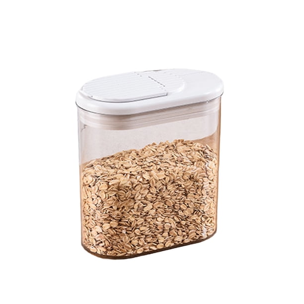 Recipiente hermético de plástico transparente con tapa abatible para la organización de la despensa, ideal para almacenar alimentos secos, como azúcar, harina, arroz, café y aperitivos.